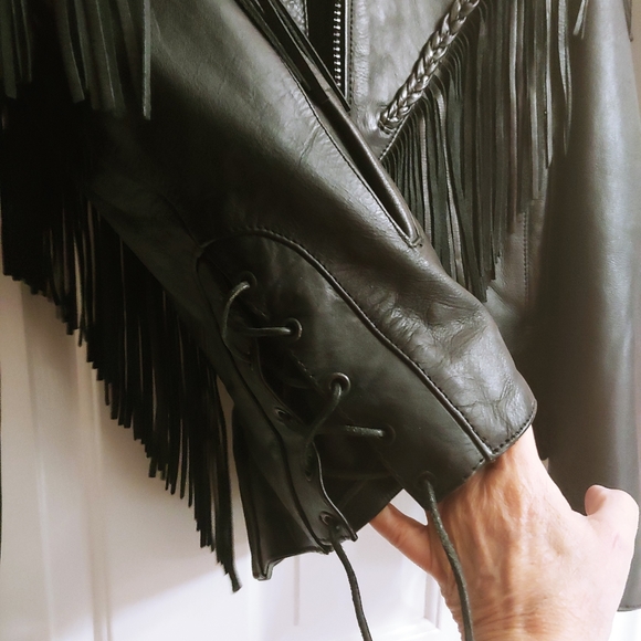 Black Genuine Leather Fringed Jacket w/ Black Rose - Picture 9 of 14